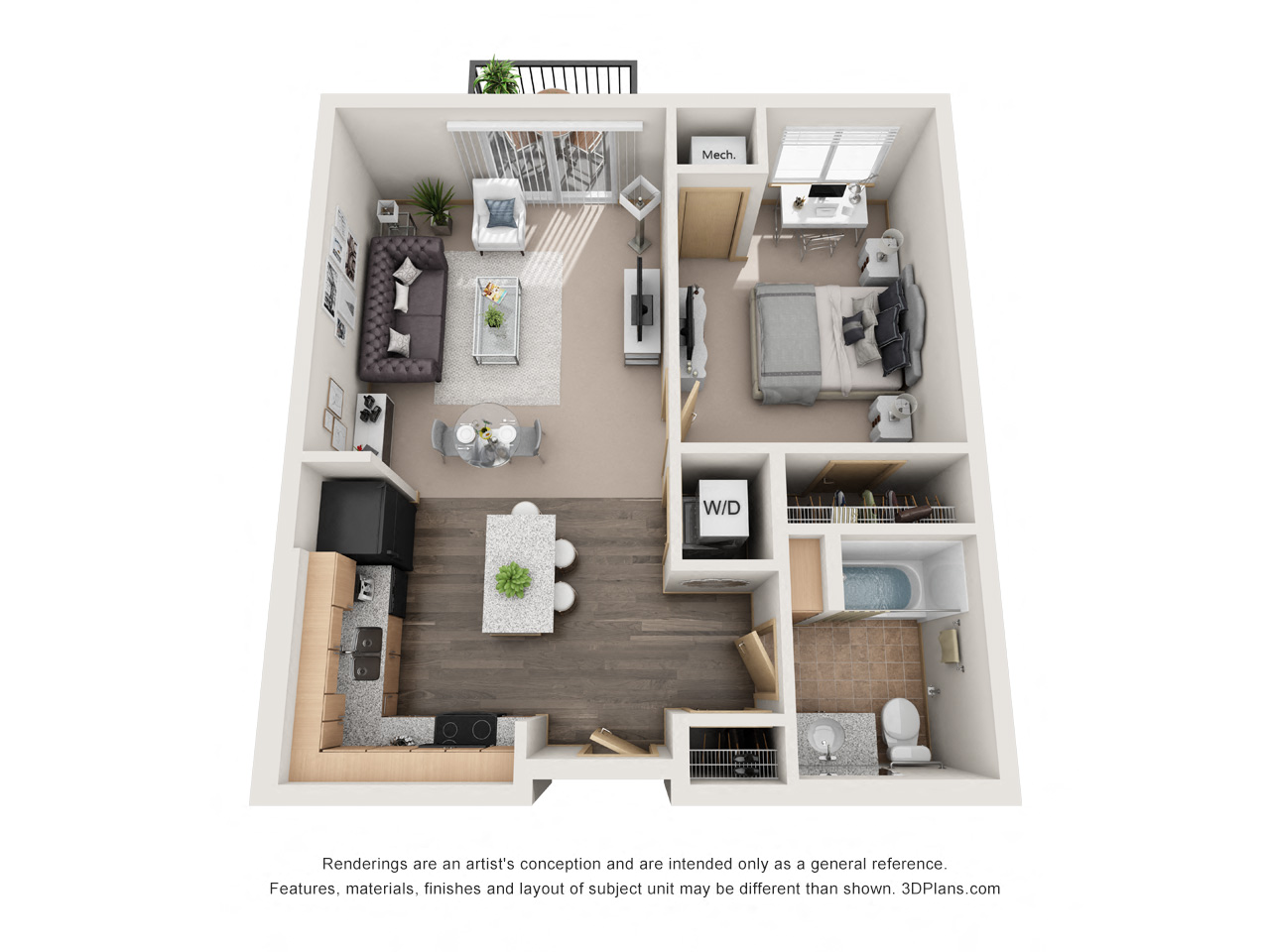 Floor plan for 1 bed, 1 bath, 665 sqft